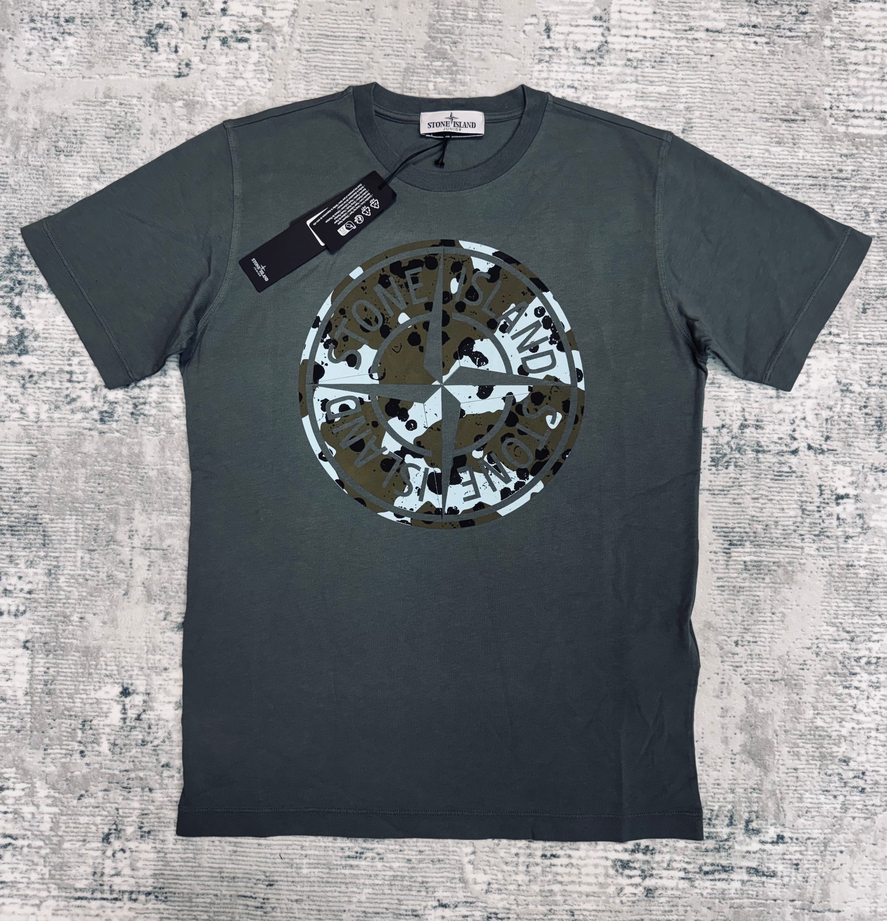 JUNIOR STONE ISLAND- COMPASS LOGO-PRINT COTTON T-SHIRT GREY